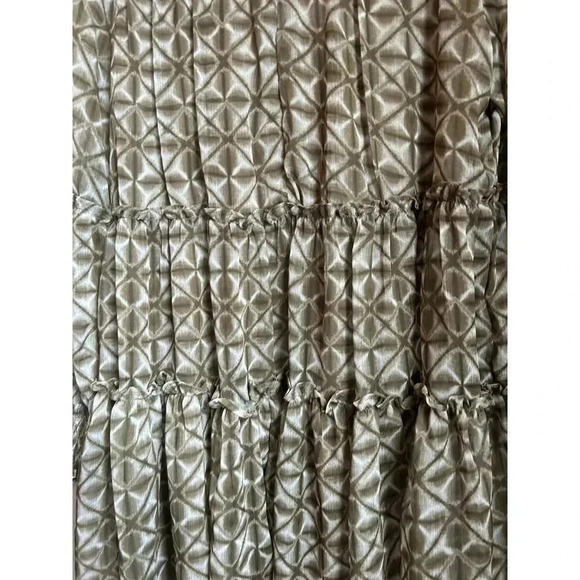 Olivaceous Sage Olive Green and White Mock Neck Dress with Smocking, Long Sleeve - Picture 9 of 9